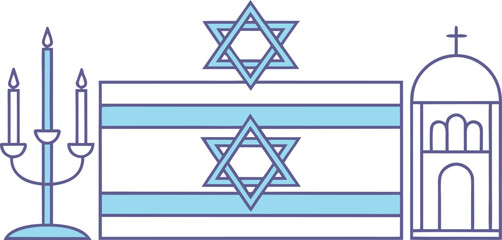 Minimal flat symbols of menorah, star of david, and synagogue dome on striped background © Vector KIng