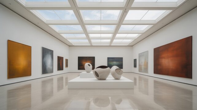 Three abstract white stone sculptures displayed on a white pedestal inside a modern art museum gallery with large paintings hanging on the clean white walls