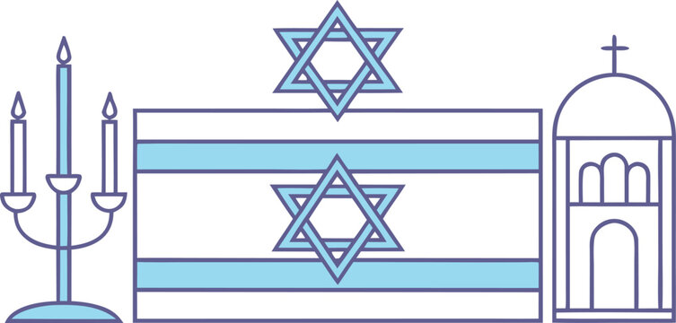 Minimal flat symbols of menorah, star of david, and synagogue dome on striped background