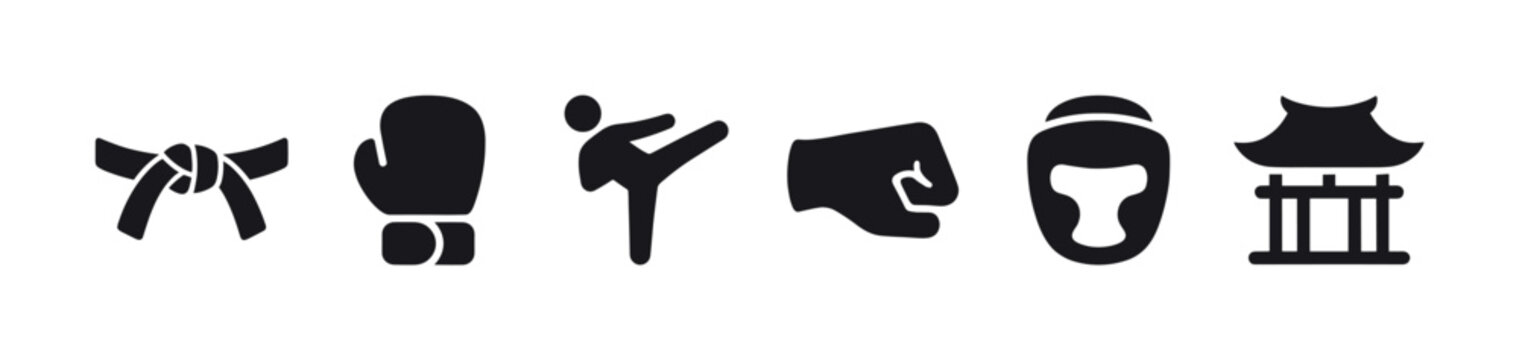 A collection of black silhouette icons representing martial arts elements including a belt, glove, fighter, punch, headgear, and pagoda.