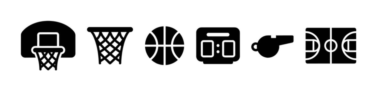A collection of black silhouette icons representing basketball elements like a hoop, net, ball, scoreboard, whistle, and court.
