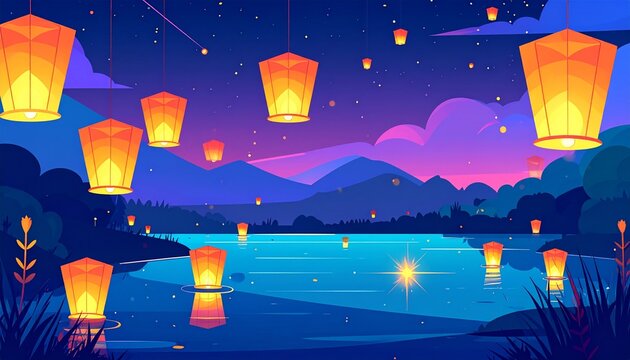 Glowing paper lanterns floating over tranquil lake at dusk with mountain backdrop