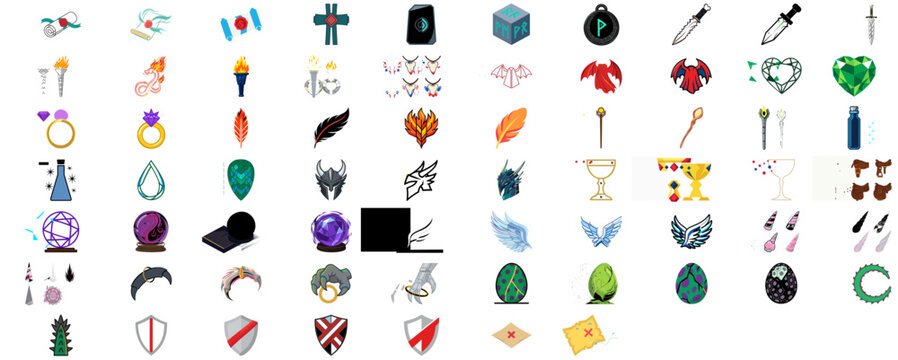 Epic Fantasy and Dragon Lore Vector Icon Set Collection Bundle featuring Mythical Artifacts like Ancient Scrolls, Magic Staffs, Dragon Bone Daggers, Rune Stones, and Phoenix Feathers for RPG Quest