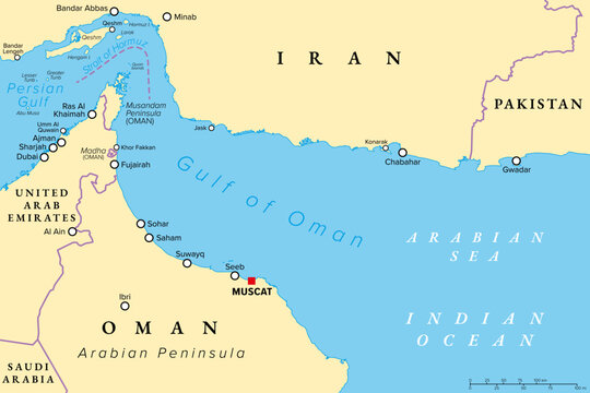 Gulf of Oman, or Sea of Oman, political map. Also known as Gulf of Makran or Sea of Makran. Gulf in the Indian Ocean, connecting the Arabian Sea with the Strait of Hormuz to the Persian Gulf. Vector