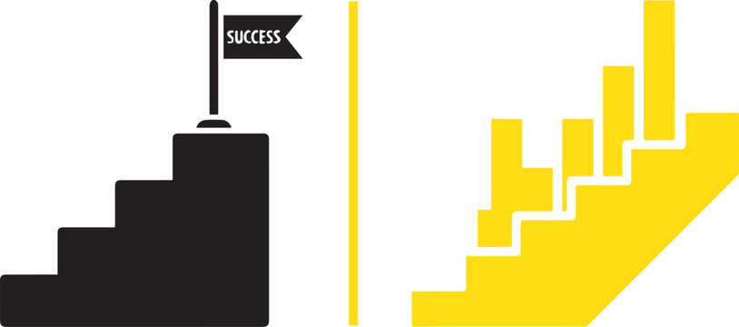 Business success vector icons featuring stairs with a flag and a growth bar chart. Representing career progress, financial achievement, and goal attainment