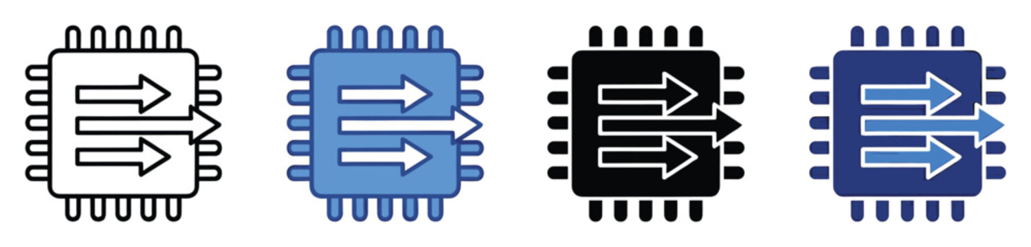 Processor chip icon depicting digital data flow and input output for tech applications