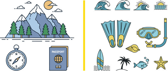 Vector travel and vacation icon set with mountains, beach gear, and navigation tools. Ideal for adventure tourism and summer holiday designs © Muhammad