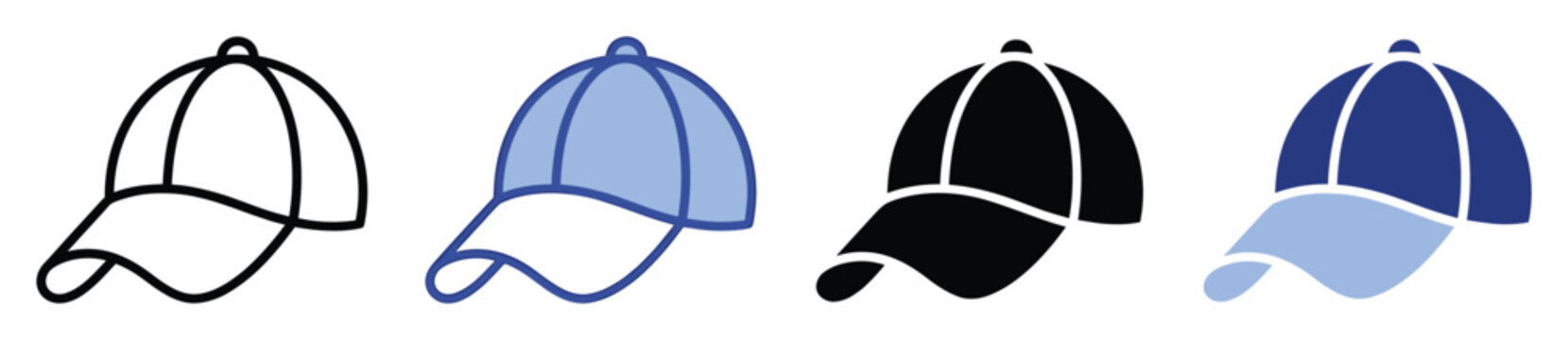 Baseball cap icon set in various styles perfect for sport theme applications and casual branding projects