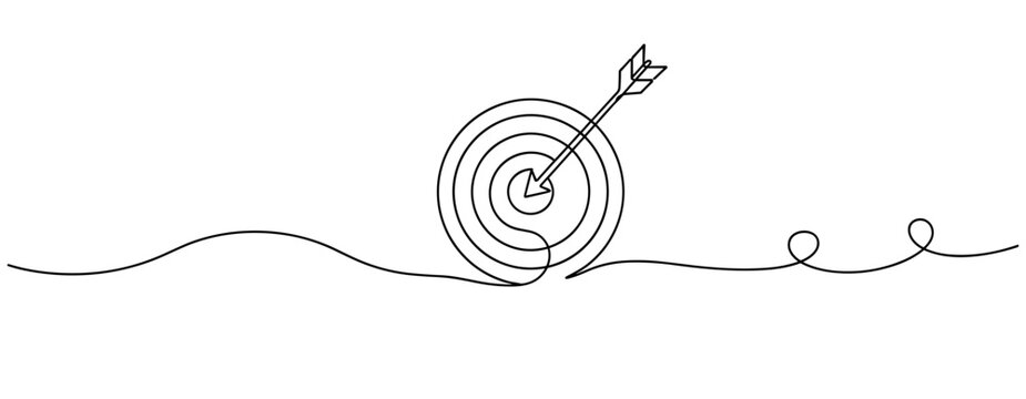 Hand-drawn arrow hitting target with continuous line art on white background. No editable stroke