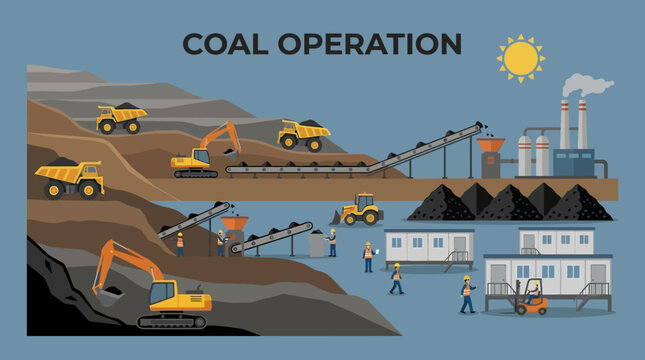 Coal mining operation process illustration.