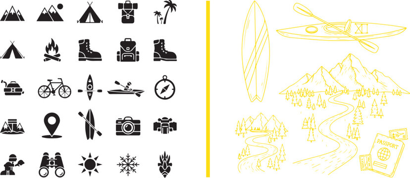 Vector icon set and line art illustrations of outdoor adventure and travel elements. Ideal for tourism branding, hiking guides, and summer vacation promotional materials