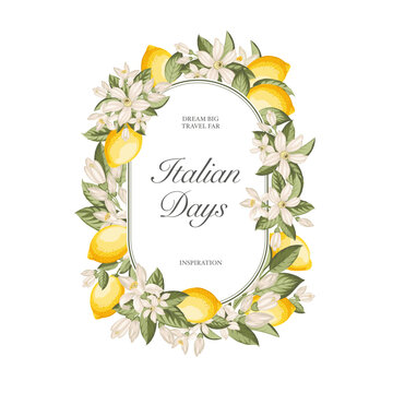 Lemon vintage frame. Italian vector background. Fresh lemon and green