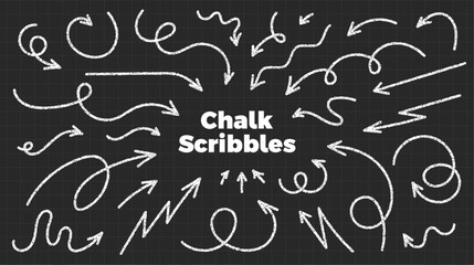 Hand drawn white chalk arrows set on black chalkboard. Doodles with grunge crayon texture. Curved and swirl scribbles. Rough brush strokes. Direction elements. Vector illustration © accogliente