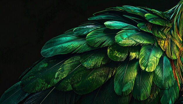 Close-up of iridescent green and black rooster hackle feathers in natural light