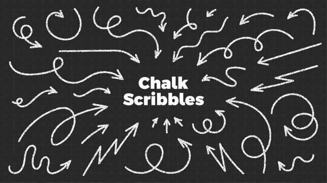 Hand drawn white chalk arrows set on black chalkboard. Doodles with grunge crayon texture. Curved and swirl scribbles. Rough brush strokes. Direction elements. Vector illustration