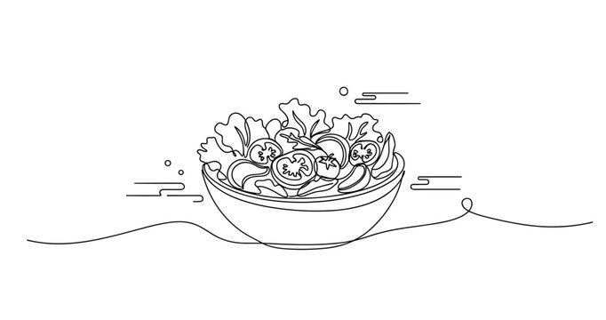 Minimalist line art salad bowl with lettuce and tomatoes. None editable stroke