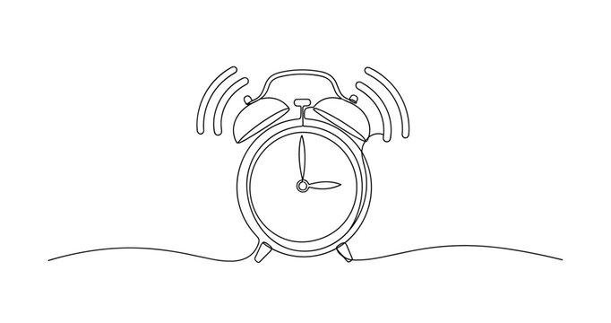 Continuous line drawing of a ringing alarm clock with bells. no editable stroke