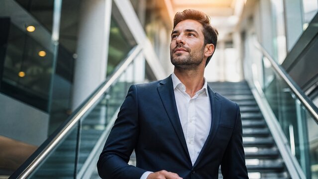 Business professional ascending a modern staircase, career growth concept.