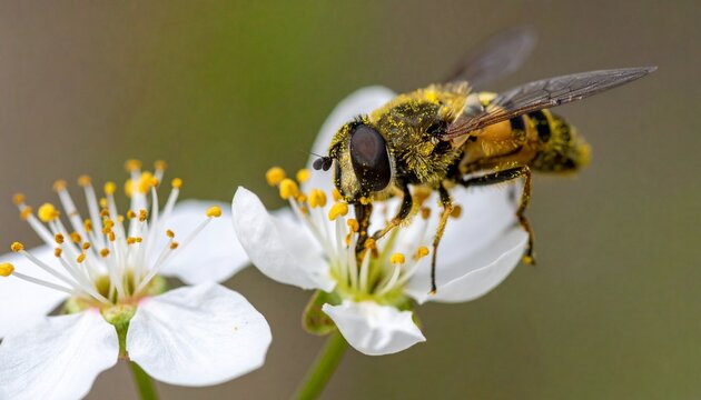 Hoverfly covered in pollen feeding on white spring flower in natural light