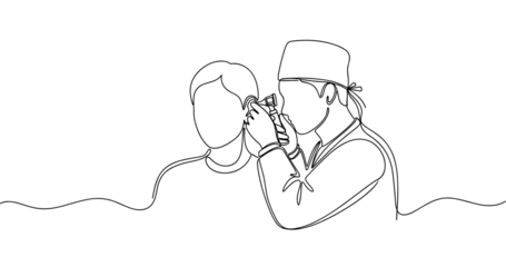 Outline drawing of doctor examining patient's ear with otoscope. No editable stroke © supplement