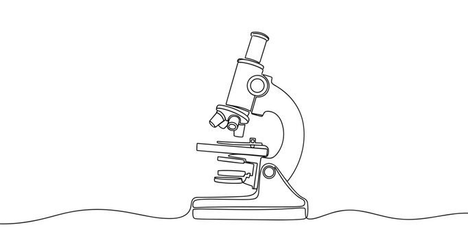 Continuous line drawing of a microscope on a white background. No editable stroke