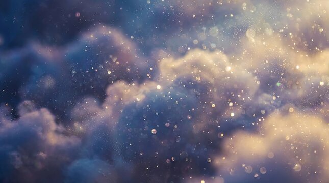 A million tiny crystals released into the sky concept. Soft clouds with shimmering particles against a dreamy background.