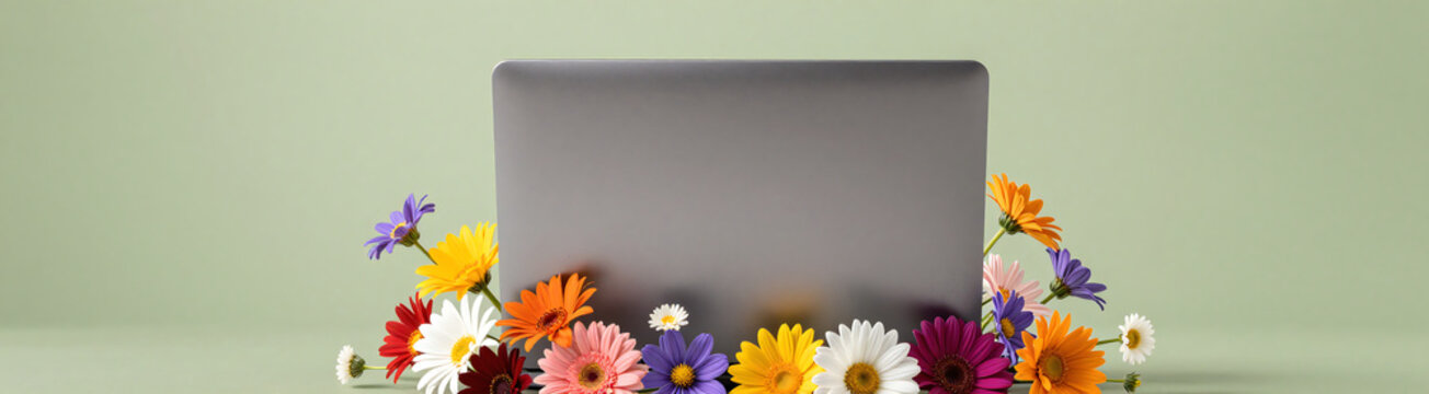 shot gray laptop standing amidst explosion vibrant flowers soft serene green background subtle natural
