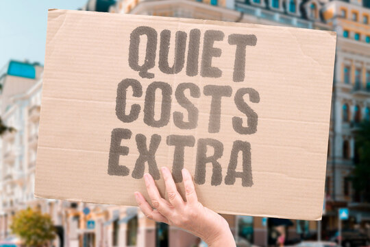 "Quiet Costs Extra" Noise-cancelling tools and quiet zones charge a premium for basic human calm. NOISE. CANCELLING. QUIET. ZONES. PREMIUM.