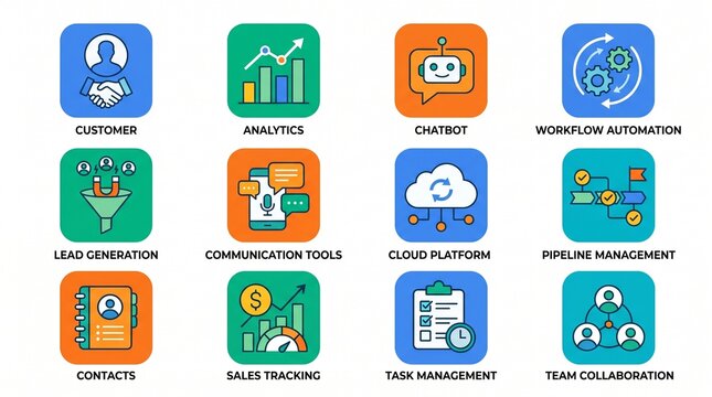 Comprehensive collection of modern business and customer relationship management UI icons, perfect for digital applications, software interfaces, and startup project development