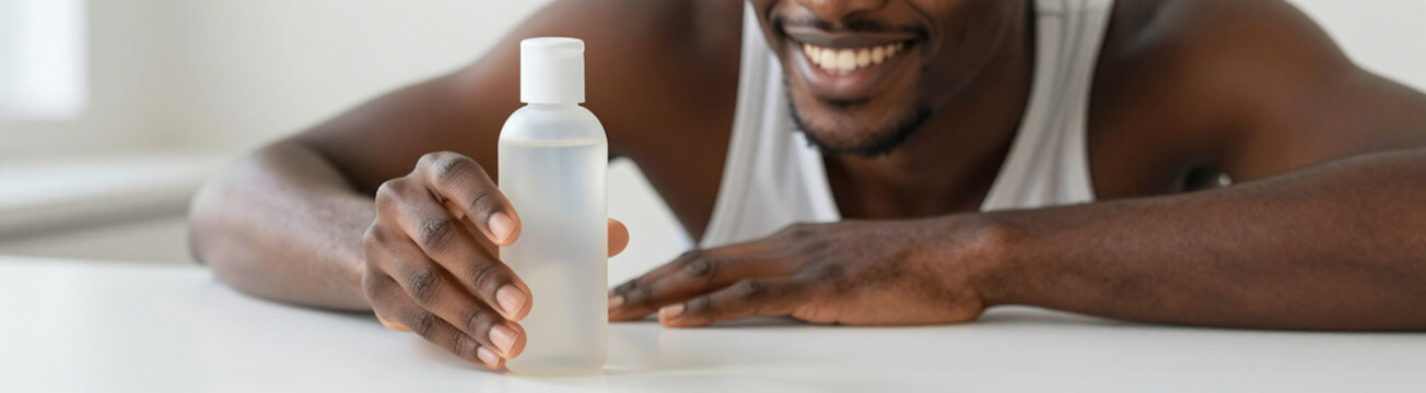 shot smiling young african american male bright complexion holding transparent plastic bottle moisturizing skincare