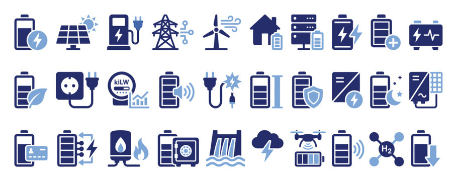 Comprehensive collection of energy and electricity related icons for power management and renewable resource applications
