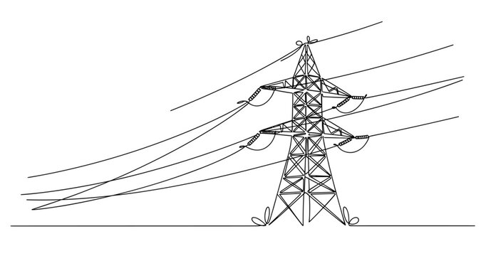 Minimalist illustration of electrical transmission tower with power lines. Non editable stroke
