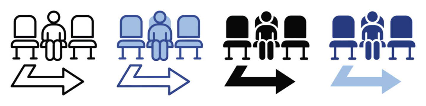 Social distancing icon with waiting chairs and arrow symbolizing safe queueing procedures for public spaces