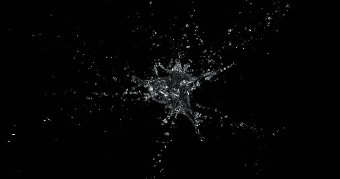 Ultra slow motion water splash isolated on black background. Realistic liquid droplets ideal for VFX compositing, overlays, cinematic effects and motion graphics.