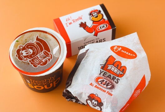 Tangerang, Indonesia - May 11, 2026: A&W burger, chicken soup, and chicken chunks.