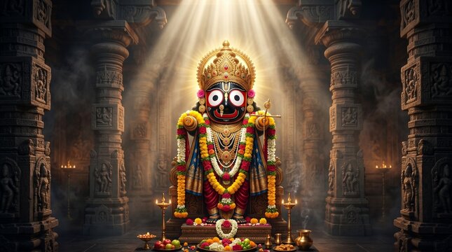 Jagannath idol inside ancient temple with sacred lighting spiritual devotion ceremonial worship culture festival background