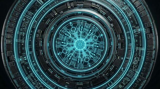 Abstract Data Network with Glowing Circular Circuit Interface