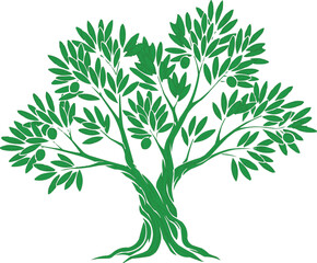 Obraz premium Olive tree illustration features a stylized green silhouette with detailed leaves and fruit branches.