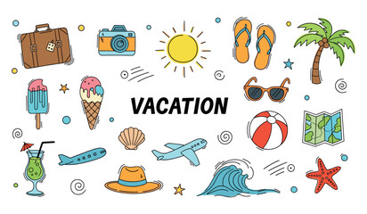 Obraz premium Vacation icons scattered colorful on white background