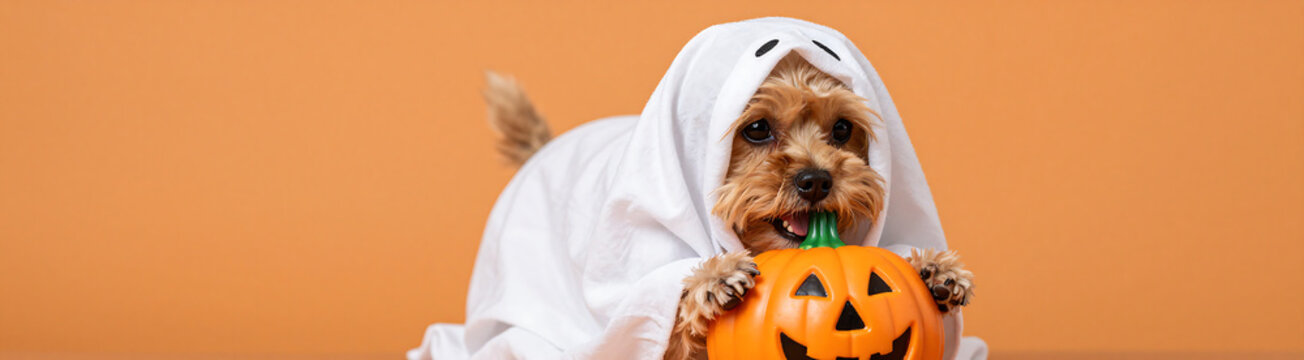 small dog dressed white ghost tightly grasps small plastic pumpkin vibrant orange backdrop soft diffused natural