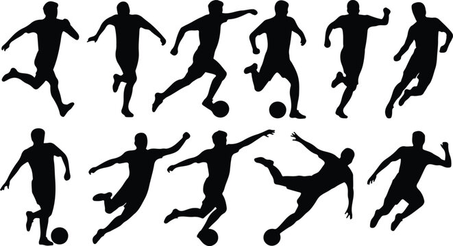 Soccer player silhouette vector set featuring twelve dynamic male athlete poses in running dribbling and kicking action illustration collection
