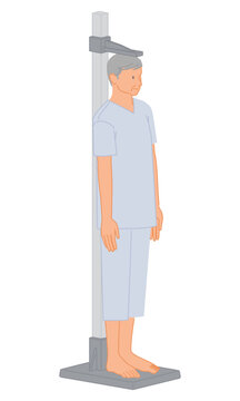 Senior man measuring height with medical stadiometer