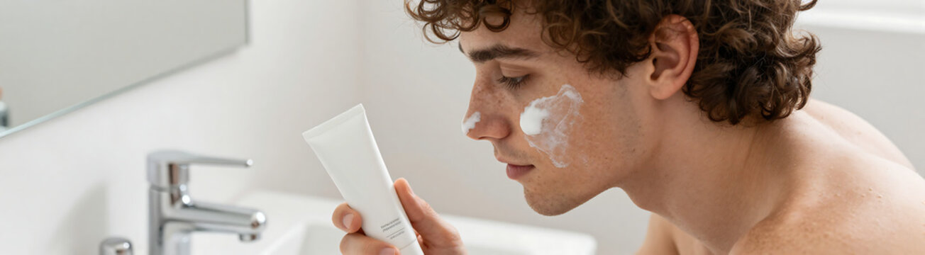 young adult male curly hair freckled skin holds tube facial cleanser front clean bathroom sink soft natural