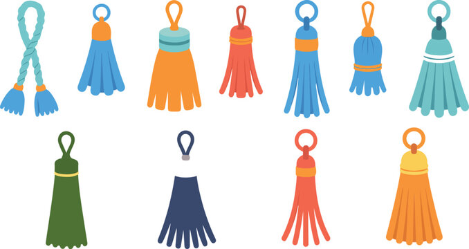 Decorative tassel ornament vector set featuring twelve colorful hanging textile accessories in minimalist flat design collection illustration style
