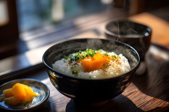 Traditional Japanese Tamago Kake Gohan Served in Bowl with Chopped Green Onion and Pickles