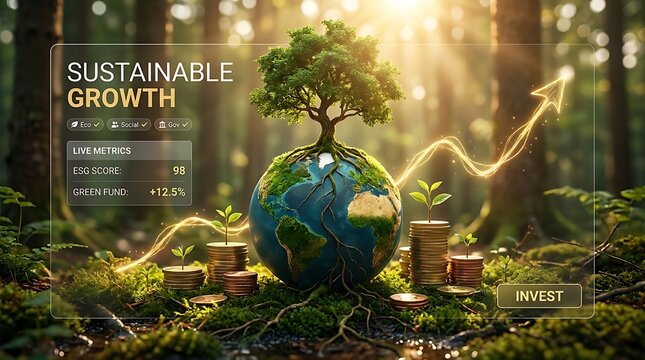 Visualizing Sustainable Growth: Planet Earth with a tree and rising financial graph superimposed on a lush forest with investment opportunities.