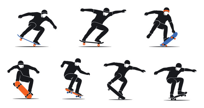 Dynamic skateboarder silhouettes performing various tricks for urban sports promotions