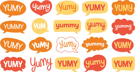 Cartoon typography illustration set with yummy word balloons, comic labels and playful sticker elements in modern flat style design © Mousumi