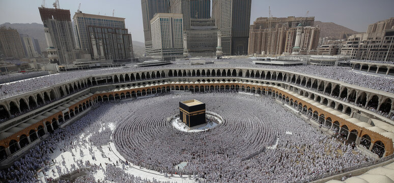 A high angle, panoramic shot captures a vast crowd of pilgrims dressed predominantly in white garments performing tawaf around the kaaba in the grand mosque.