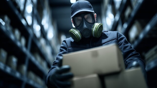 Worker in gas mask handles boxes in storage area during night shift